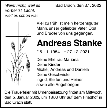 Traueranzeige von Andreas Stanke von Metzinger-Uracher Volksblatt