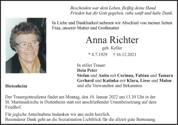 Traueranzeige von Anna Richter von Illertal Bote