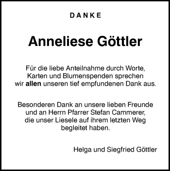 Traueranzeige von Anneliese Göttler von SÜDWEST PRESSE Ausgabe Ulm/Neu-Ulm