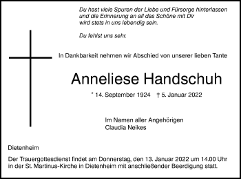 Traueranzeige von Anneliese Handschuh von Illertal Bote