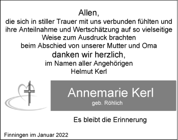 Traueranzeige von Annemarie Kerl von SÜDWEST PRESSE Ausgabe Ulm/Neu-Ulm