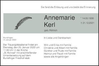 Traueranzeige von Annemarie Kerl von SÜDWEST PRESSE Ausgabe Ulm/Neu-Ulm