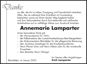 Traueranzeige von Annemarie Lamparter von Hohenloher Tagblatt