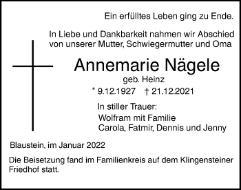 Traueranzeige von Annemarie Nägele von SÜDWEST PRESSE Ausgabe Ulm/Neu-Ulm