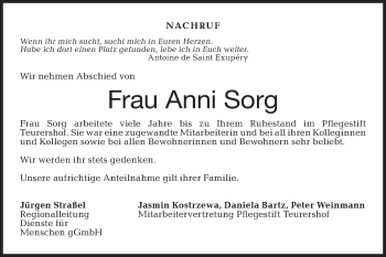 Traueranzeige von Anni Sorg von Haller Tagblatt