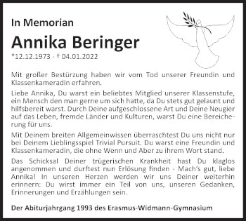 Traueranzeige von Annika Beringer von Haller Tagblatt