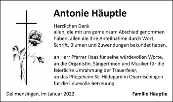 Traueranzeige von Antonie Häuptle von SÜDWEST PRESSE Ausgabe Ulm/Neu-Ulm