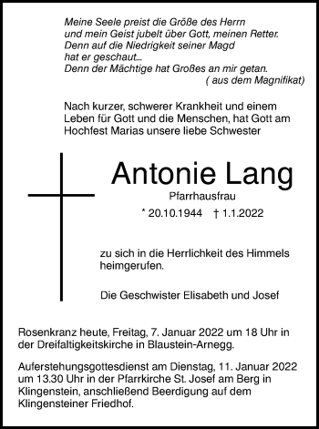 Traueranzeige von Antonie Lang von SÜDWEST PRESSE Ausgabe Ulm/Neu-Ulm