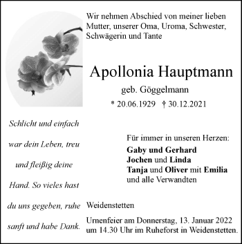 Traueranzeige von Apollonia Hauptmann von SÜDWEST PRESSE Ausgabe Ulm/Neu-Ulm