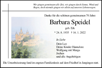 Traueranzeige von Barbara Speidel von Metzinger-Uracher Volksblatt