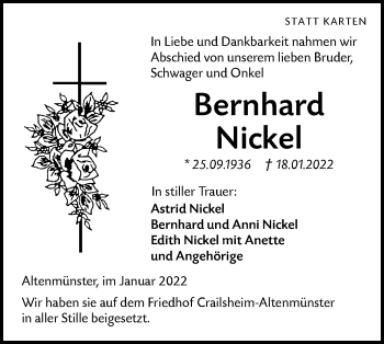 Traueranzeige von Bernhard Nickel von Hohenloher Tagblatt