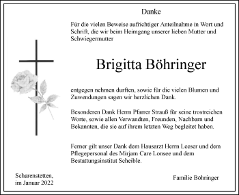 Traueranzeige von Brigitta Böhringer von SÜDWEST PRESSE Ausgabe Ulm/Neu-Ulm