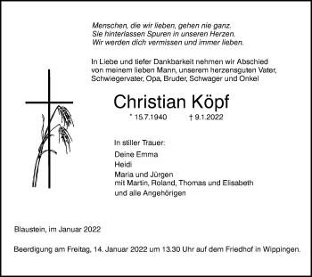 Traueranzeige von Christian Köpf von SÜDWEST PRESSE Ausgabe Ulm/Neu-Ulm