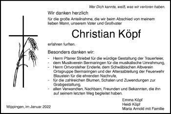 Traueranzeige von Christian Köpf von SÜDWEST PRESSE Ausgabe Ulm/Neu-Ulm