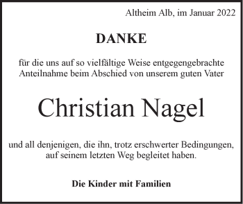 Traueranzeige von Christian Nagel von SÜDWEST PRESSE Ausgabe Ulm/Neu-Ulm