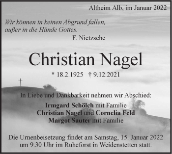 Traueranzeige von Christian Nagel von SÜDWEST PRESSE Ausgabe Ulm/Neu-Ulm