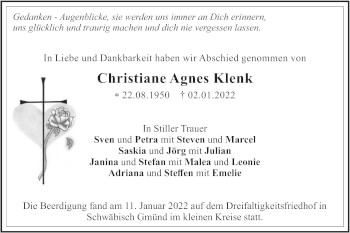 Traueranzeige von Christiane Agnes Klenk von Haller Tagblatt