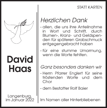 Traueranzeige von David Haas von Hohenloher Tagblatt