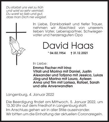 Traueranzeige von David Haas von Hohenloher Tagblatt