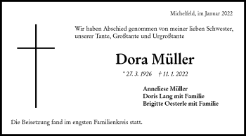 Traueranzeige von Dora Müller von Haller Tagblatt