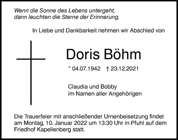 Traueranzeige von Doris Böhm von SÜDWEST PRESSE Ausgabe Ulm/Neu-Ulm