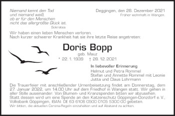 Traueranzeige von Doris Bopp von NWZ Neue Württembergische Zeitung