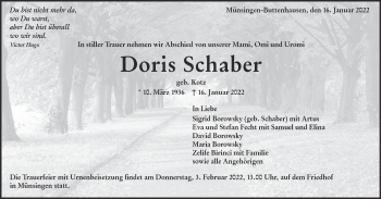 Traueranzeige von Doris Schaber von Alb-Bote/Metzinger-Uracher Volksblatt