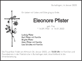 Traueranzeige von Eleonore Pfister von Metzinger-Uracher Volksblatt