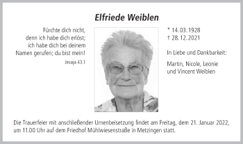 Traueranzeige von Elfriede Weiblen von Metzinger-Uracher Volksblatt