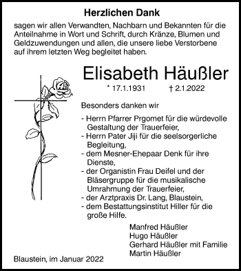 Traueranzeige von Elisabeth Häußler von SÜDWEST PRESSE Ausgabe Ulm/Neu-Ulm