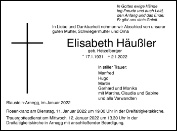 Traueranzeige von Elisabeth Häußler von SÜDWEST PRESSE Ausgabe Ulm/Neu-Ulm