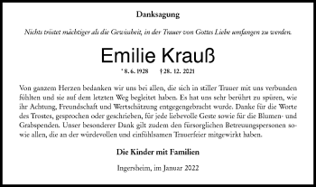 Traueranzeige von Emilie Krauß von Hohenloher Tagblatt