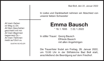 Traueranzeige von Emma Bausch von NWZ Neue Württembergische Zeitung