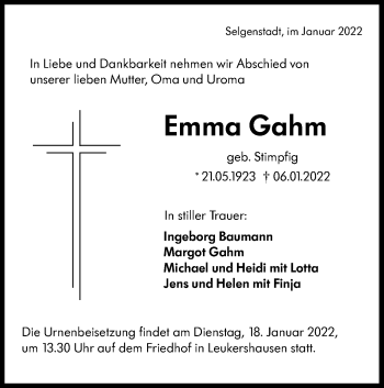 Traueranzeige von Emma Gahm von Hohenloher Tagblatt