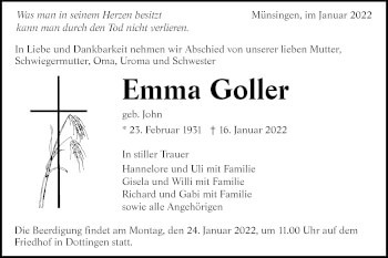 Traueranzeige von Emma Goller von Alb-Bote/Metzinger-Uracher Volksblatt