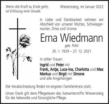 Traueranzeige von Erna Wiedmann von Geislinger Zeitung