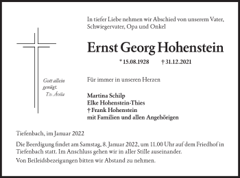 Traueranzeige von Ernst Georg Hohenstein von Hohenloher Tagblatt