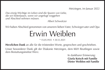 Traueranzeige von Erwin Weiblen von Metzinger-Uracher Volksblatt