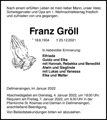 Traueranzeige von Franz Gröll von SÜDWEST PRESSE Ausgabe Ulm/Neu-Ulm