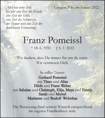 Traueranzeige von Franz Pomeissl von Geislinger Zeitung