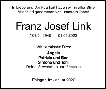 Traueranzeige von Franz Josef Link von Ehinger Tagblatt