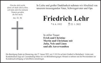 Traueranzeige von Friedrich Lehr von Hohenloher Tagblatt