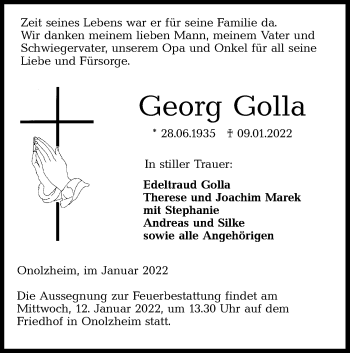 Traueranzeige von Georg Golla von Hohenloher Tagblatt