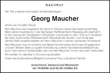 Traueranzeige von Georg Maucher von SÜDWEST PRESSE Ausgabe Ulm/Neu-Ulm