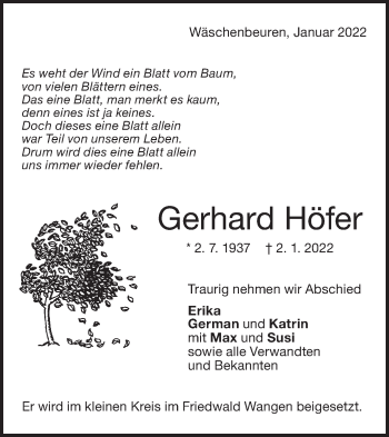 Traueranzeige von Gerhard Höfer von NWZ Neue Württembergische Zeitung