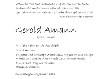 Traueranzeige von Gerold Amann von Ehinger Tagblatt