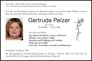 Traueranzeige von Gertrude Pelzer von Hohenloher Tagblatt