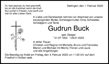 Traueranzeige von Gudrun Buck von Metzinger-Uracher Volksblatt