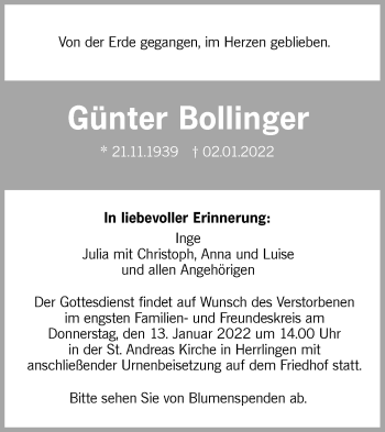 Traueranzeige von Günter Bollinger von SÜDWEST PRESSE Ausgabe Ulm/Neu-Ulm