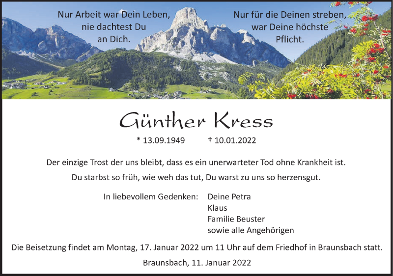  Traueranzeige für Günther Kress vom 11.01.2022 aus Haller Tagblatt